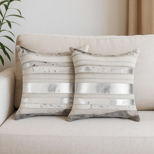 HomeRoots Set of Two 18" Luxe Cowhide Throw Pillows for Elegant Living Room Decor and Cozy Comfort Silver/Gray 316942