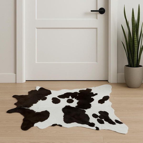 HomeRoots 24" X 36" Calfskin Area Rug – Luxurious Hand-Knotted Brazilian Design for Elegant Interiors Chocolate/White 316964