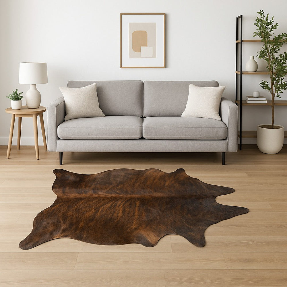 HomeRoots 6' X 7' Cowhide Print Area Rug - Contemporary Brown and Black Design for Modern Living Spaces Brindle 316974