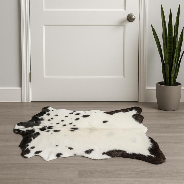 HomeRoots 2' X 3' Luxurious Calfskin Area Rug - Handcrafted Elegance for Modern Spaces, Naturally Stain-Resistant White/Black 316981