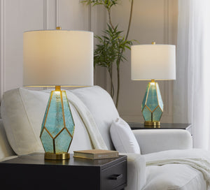 English Elm Glass Glam Table Lamp Set Two Linen Shade Nightstand Bedroom Accent Lighting Gold,Turquoise,White B202P471579