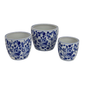 English Elm Garden Ceramic Planter Trio Hand Painted Floral Glazed Japanese Style Home Decor Set Blue And White Stripes B056P412620