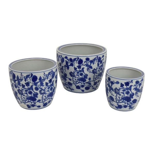 English Elm Garden Ceramic Planter Trio Hand Painted Floral Glazed Japanese Style Home Decor Set Blue And White Stripes B056P412620