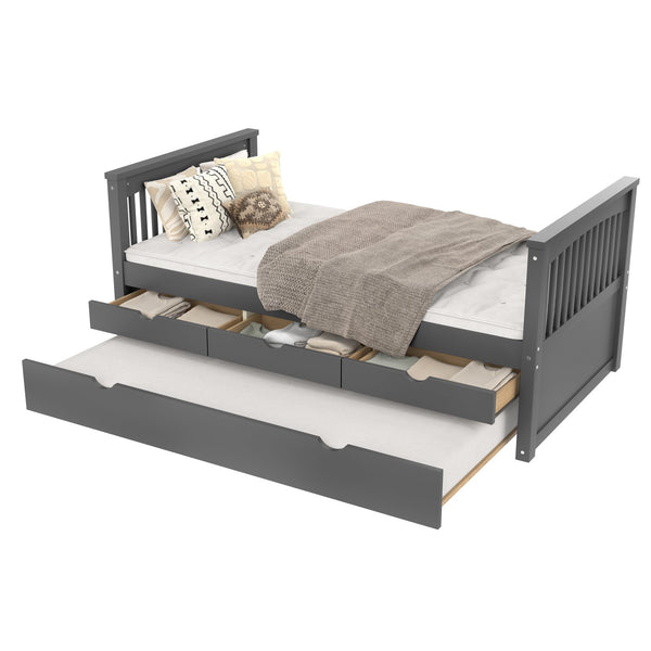 English Elm Twin Solid Wood Platform Bed with Trundle and Two Drawers, White Daybed for Kids Guests Gray W1580S00263