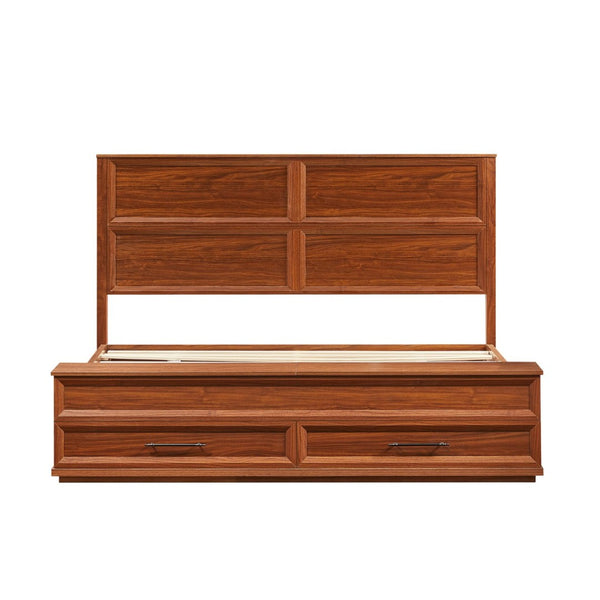 English Elm Queen Storage Bed with Geometric 3d Headboard Four Drawers and Walnut Finish W1820S00056