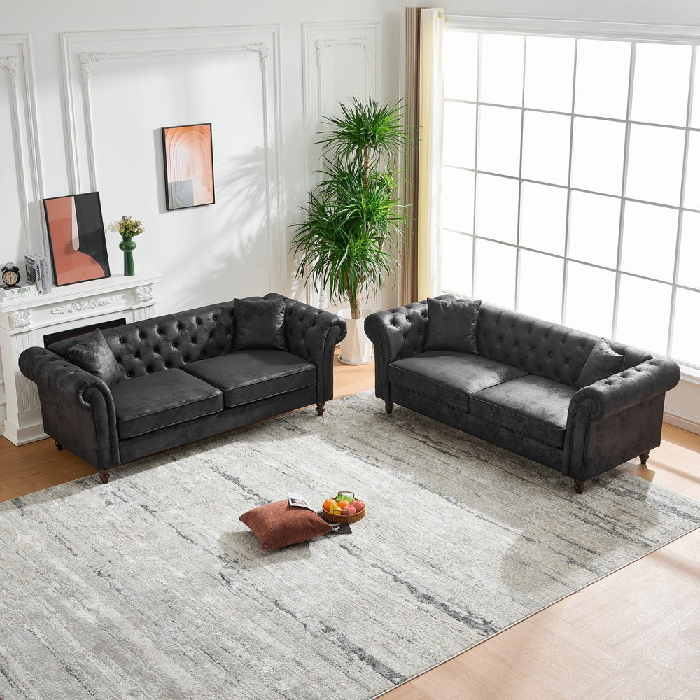 English Elm 3+3 Seater Sofa Set - Elegant Chesterfield Tech Fabric Couch With High-Density Foam For Comfort W3373S00007