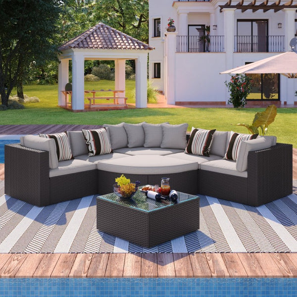 English Elm Go 7 Piece Outdoor Pe Wicker Sectional Set with Steel Frame and Striped Accent Pillows Brown FG201212AAA