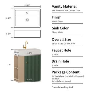 English Elm 21.6" Wall Mounted Bathroom Vanity Ceramic Sink Open Shelf Soft Close Green W1573S00088