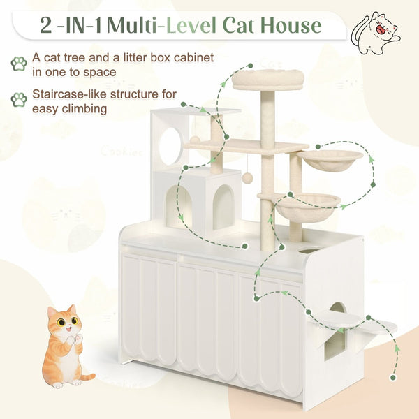 English Elm 50.6" Modern White Cat Tower with Litter Enclosure Sisal Posts Hammock and Perch N704P443505K