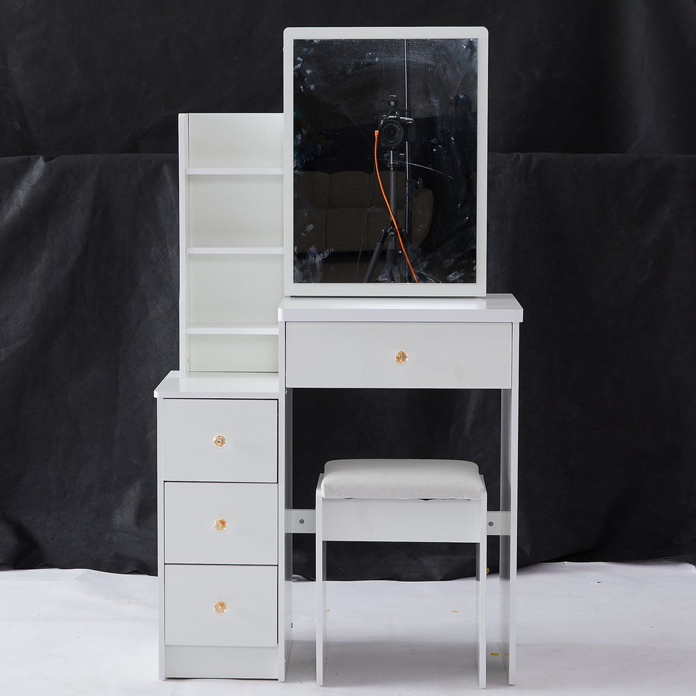 English Elm 29.2" Elegant Space-Saving Vanity Set With Cushioned Stool, Sliding Mirror & High-Capacity Storage W936P226029