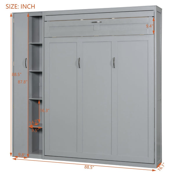 English Elm Queen Murphy Wall Bed with Led Lighting Open Shelves and Wardrobe Cabinet Storage LP000899AAE