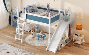 English Elm Twin Loft Bed Solid Pine Frame with Wardrobe Shelving Detachable Slide Kids Room White+Blue W5305S00024