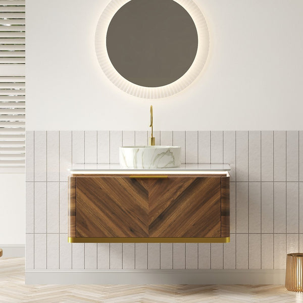 English Elm Dipa 36" Floating Bathroom Vanity With Stone Top, Ceramic Vessel Sink, Led Light & Dark Walnut Finish W2615S00484