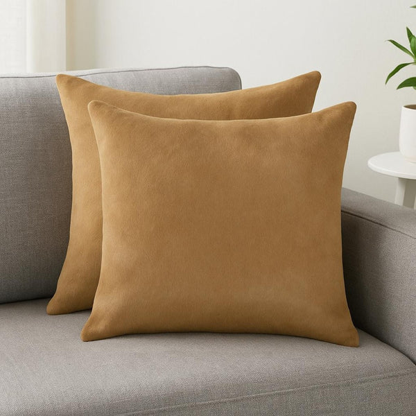 HomeRoots Set of Two Luxurious Cowhide Throw Pillows for Cozy Living Room Decor and Stylish Comfort Tan 317089