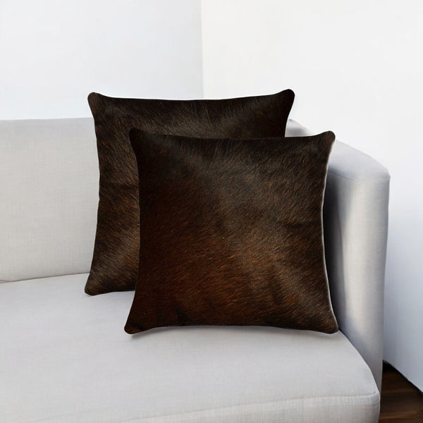 HomeRoots Set of Two 18" Luxe Cowhide Throw Pillows for Elegant Living Room Decor and Cozy Comfort Chocolate 317092