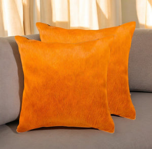 HomeRoots Set of Two 18" Luxe Cowhide Throw Pillows for Elegant Living Room Decor and Cozy Comfort Orange 317098