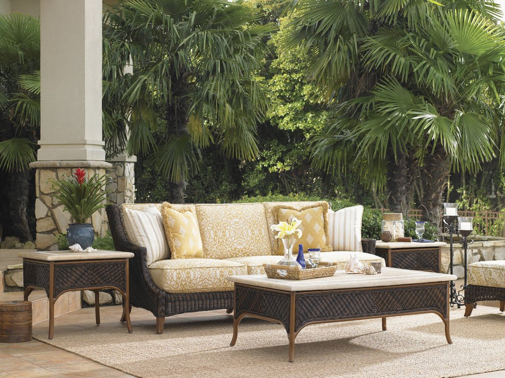 Lexington Tommy Bahama Outdoor 3170-953 Elegant Woven Wicker Accent Table With Weatherstone Top For Timeless Outdoor Style Dark Brown Wood 3170-953