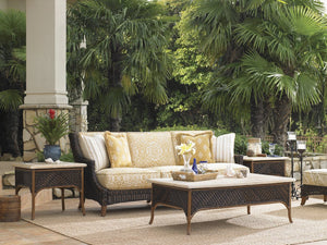 Lexington Tommy Bahama Outdoor 3170-953 Elegant Woven Wicker Accent Table With Weatherstone Top For Timeless Outdoor Style Dark Brown Wood 3170-953