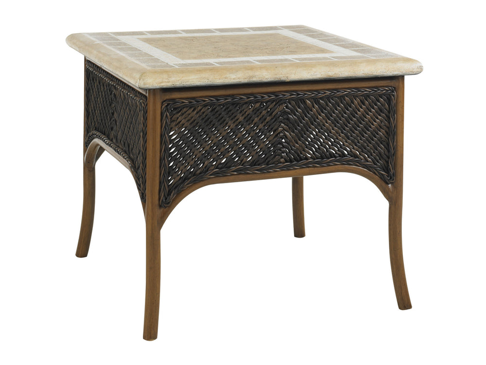 Lexington Tommy Bahama Outdoor 3170-953 Elegant Woven Wicker Accent Table With Weatherstone Top For Timeless Outdoor Style Dark Brown Wood 3170-953