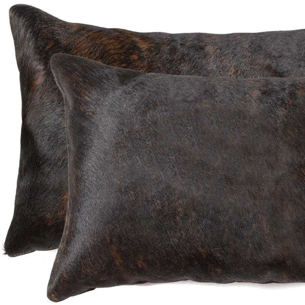 HomeRoots Set of Two Luxurious Cowhide Lumbar Throw Pillows for Elegant Home Décor and Comfort Chocolate 317107