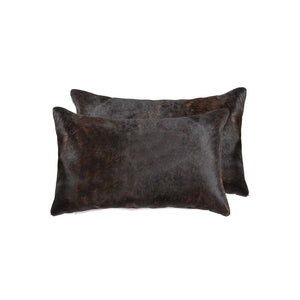 HomeRoots Set of Two Luxurious Cowhide Lumbar Throw Pillows for Elegant Home Décor and Comfort Chocolate 317107