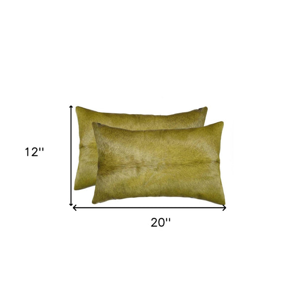 HomeRoots Set of Two Luxurious Cowhide Lumbar Throw Pillows for Elegant Home Décor and Comfort Lime 317108