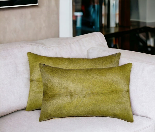 Homeroots Set Of Two 12" X 20" Lime Green Cowhide Throw Pillow Lime  317108