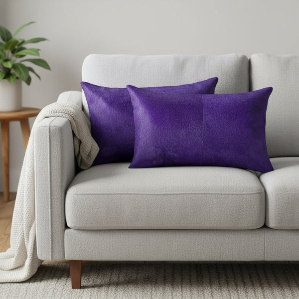 HomeRoots Set of Two Luxurious Cowhide Lumbar Throw Pillows for Elegant Home Décor and Comfort Purple 317109