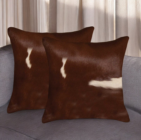 HomeRoots Set of Two 18" Luxe Cowhide Throw Pillows for Elegant Living Room Decor and Cozy Comfort Brown/White 317123