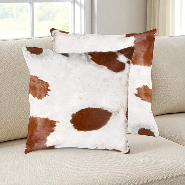 HomeRoots Set of Two 18" Luxe Cowhide Throw Pillows for Elegant Living Room Decor and Cozy Comfort White/Brown 317126