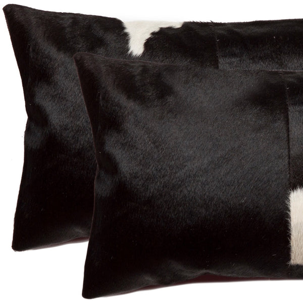 Homeroots Set Of Two 12" X 20" Black And White Cowhide Throw Pillows Black,White  317129