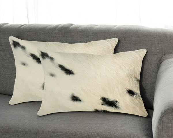 HomeRoots Set of Two Luxurious Cowhide Lumbar Throw Pillows for Elegant Home Décor and Comfort White/Black 317130