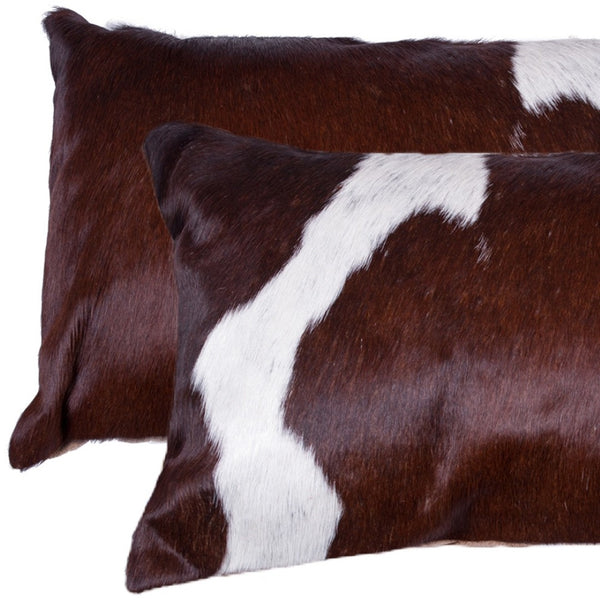 HomeRoots Set of Two Luxurious Cowhide Lumbar Throw Pillows for Elegant Home Décor and Comfort Chocolate/White 317131