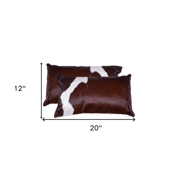HomeRoots Set of Two Luxurious Cowhide Lumbar Throw Pillows for Elegant Home Décor and Comfort Chocolate/White 317131