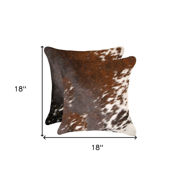 HomeRoots Set of Two 18" Cowhide Throw Pillows for Chic Rustic Decor - Stylish Comfort for Any Space Brown/White 317133