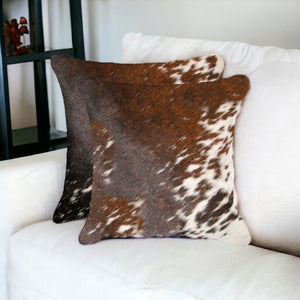 HomeRoots Set of Two 18" Cowhide Throw Pillows for Chic Rustic Decor - Stylish Comfort for Any Space Brown/White 317133