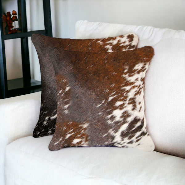 HomeRoots Set of Two 18" Cowhide Throw Pillows for Chic Rustic Decor - Stylish Comfort for Any Space Brown/White 317133