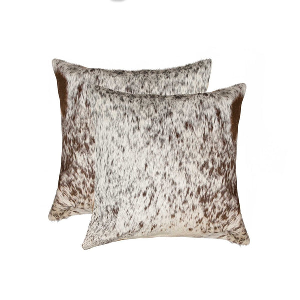 HomeRoots Set of Two 18" Cowhide Throw Pillows for Chic Rustic Decor - Stylish Comfort for Any Space Chocolate/White 317135
