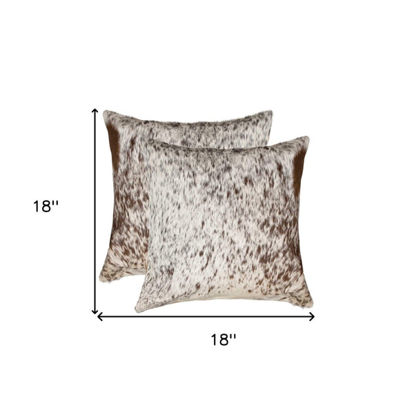 HomeRoots Set of Two 18" Cowhide Throw Pillows for Chic Rustic Decor - Stylish Comfort for Any Space Chocolate/White 317135
