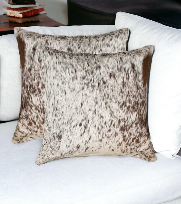 HomeRoots Set of Two 18" Cowhide Throw Pillows for Chic Rustic Decor - Stylish Comfort for Any Space Chocolate/White 317135