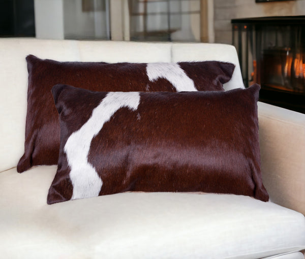 Homeroots Set Of Two 12" X 20" Brown And White Cowhide Throw Pillow Salt,Pepper Chocolate  317138