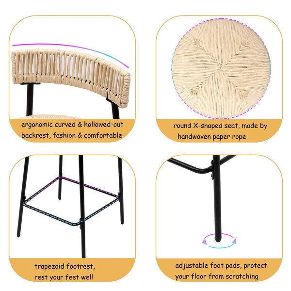 English Elm Counter Stools Set Of 2 - Chic Handwoven Paper Rope Bar Stools For Modern Boho Kitchen & Dining Spaces W1757P271584