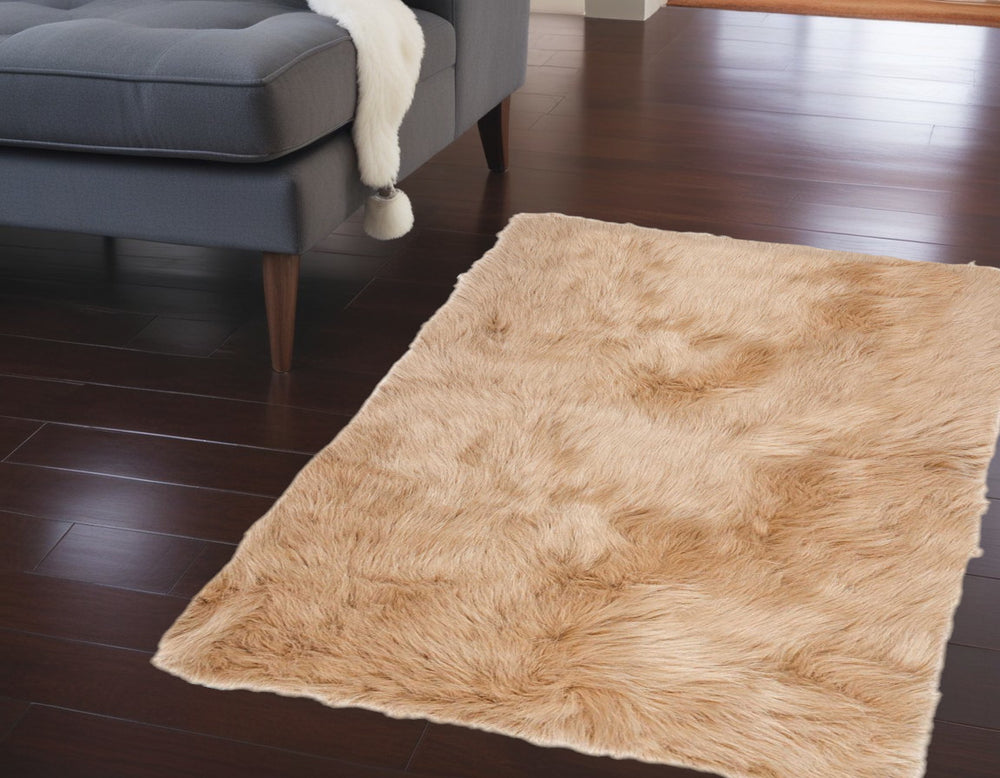 Homeroots 3' X 5' Tan Rectangular Faux Fur - Area Rug Tan Acrylic 317171