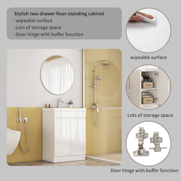 English Elm 24-Inch Bathroom Vanity With Integrated Sink & Mirror, Modern Handle-Free Design, Soft-Close Doors & Storage W3151S00057
