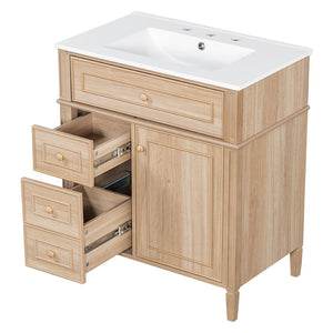 English Elm "30'' 30 Inch Freestanding Bathroom Vanity Solid Pine Cabinet Ceramic Sink Soft Close Storage N725P375498T