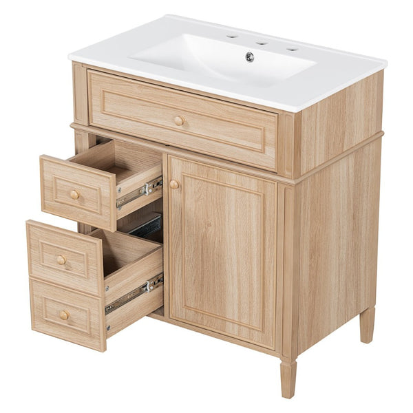 English Elm "30'' 30 Inch Freestanding Bathroom Vanity Solid Pine Cabinet Ceramic Sink Soft Close Storage N725P375498T