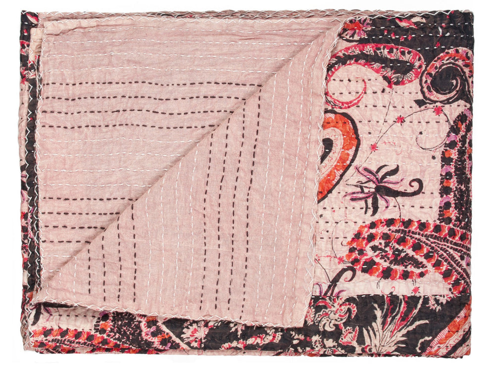 Homeroots 50" X 70" Pink And Black Kantha Cotton Abstract Throw Blanket With Embroidery Burgundy,Pink Cotton 317275