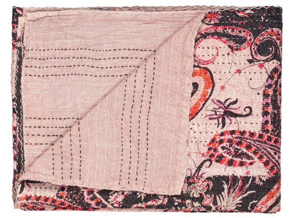 Homeroots 50" X 70" Pink And Black Kantha Cotton Abstract Throw Blanket With Embroidery Burgundy,Pink Cotton 317275