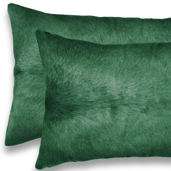 HomeRoots Set of Two Luxurious Cowhide Lumbar Throw Pillows for Elegant Home Décor and Comfort Verde 317288