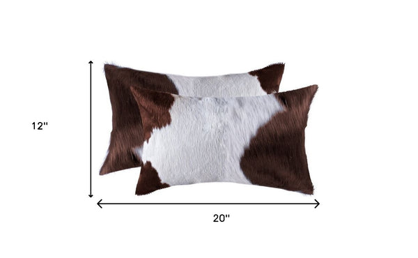 Homeroots Set Of Two 12" X 20" Brown And White Genuine Cowhide Throw Pillows White,Brown  317290